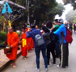 Touristenspektakel statt stiller Zeremonie - die morgendliche Mönchsspeisung